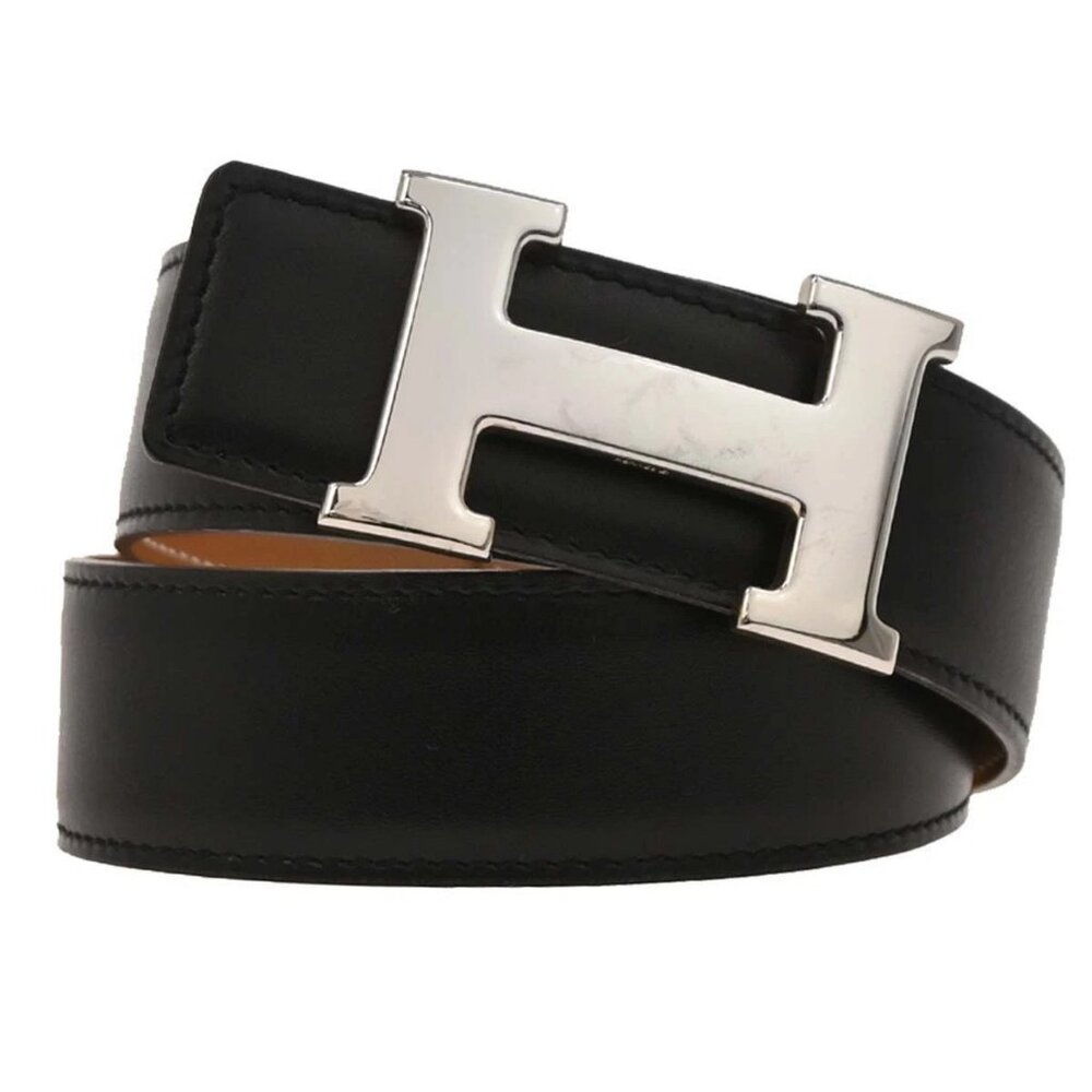 Hermes Black Gold Box Calf Constance Reversible Belt #65 Small Good